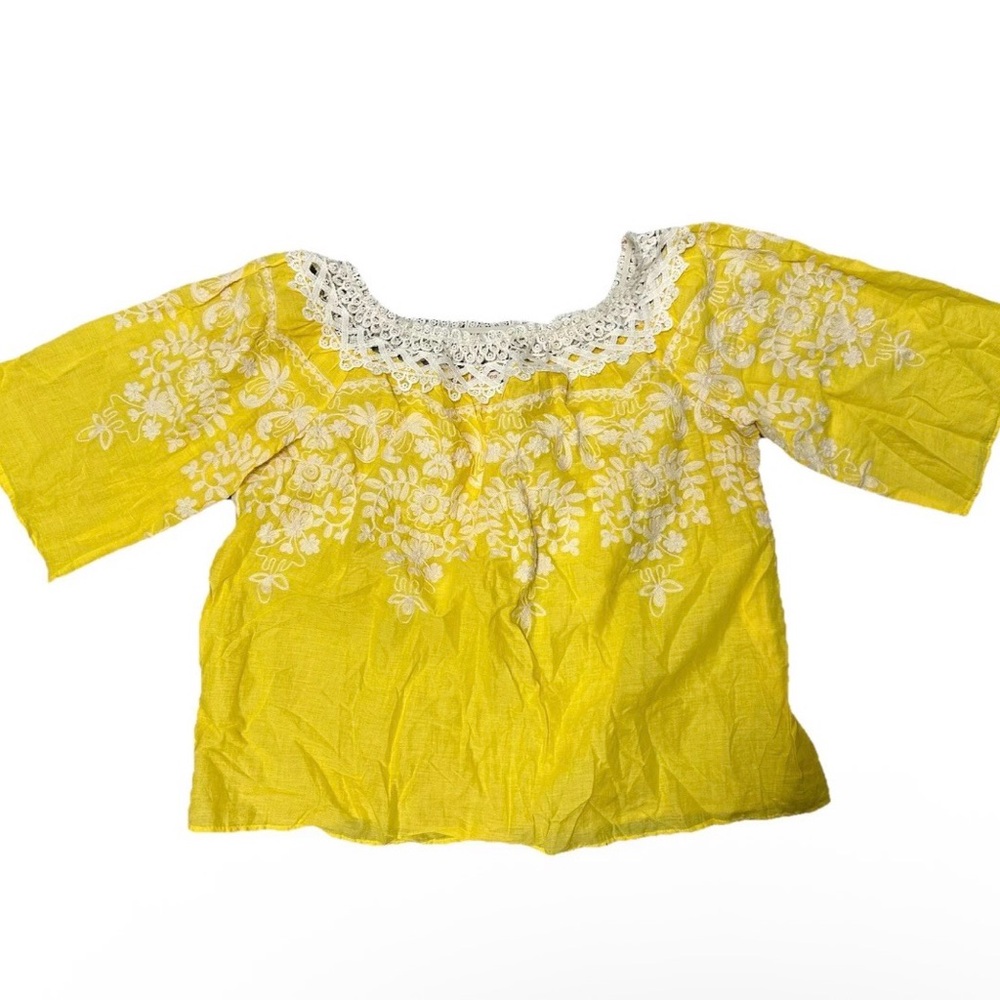 Flying Tomato Yellow Embroidered Lace-Trim Peasant Tunic